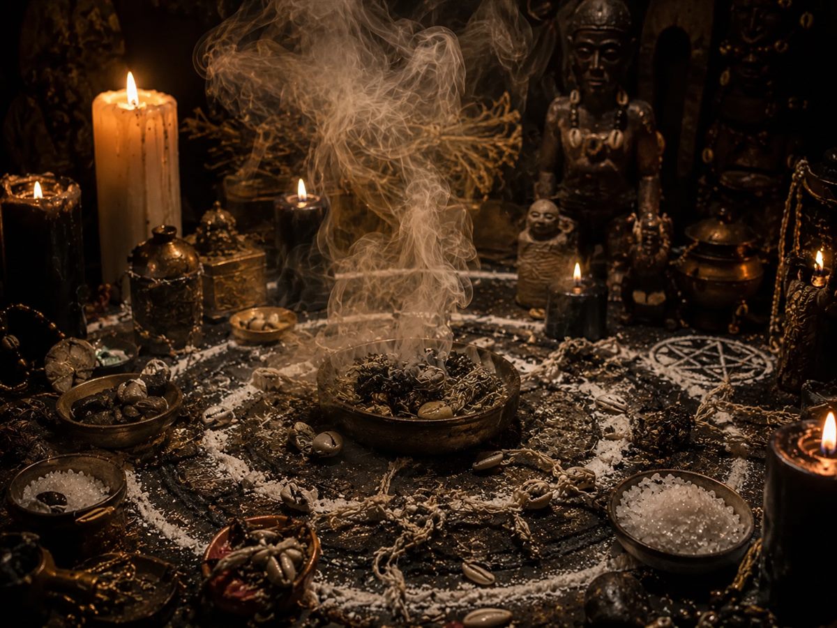 Rituel de désenvoûtement : brasero fumant entouré de sel et de cristaux